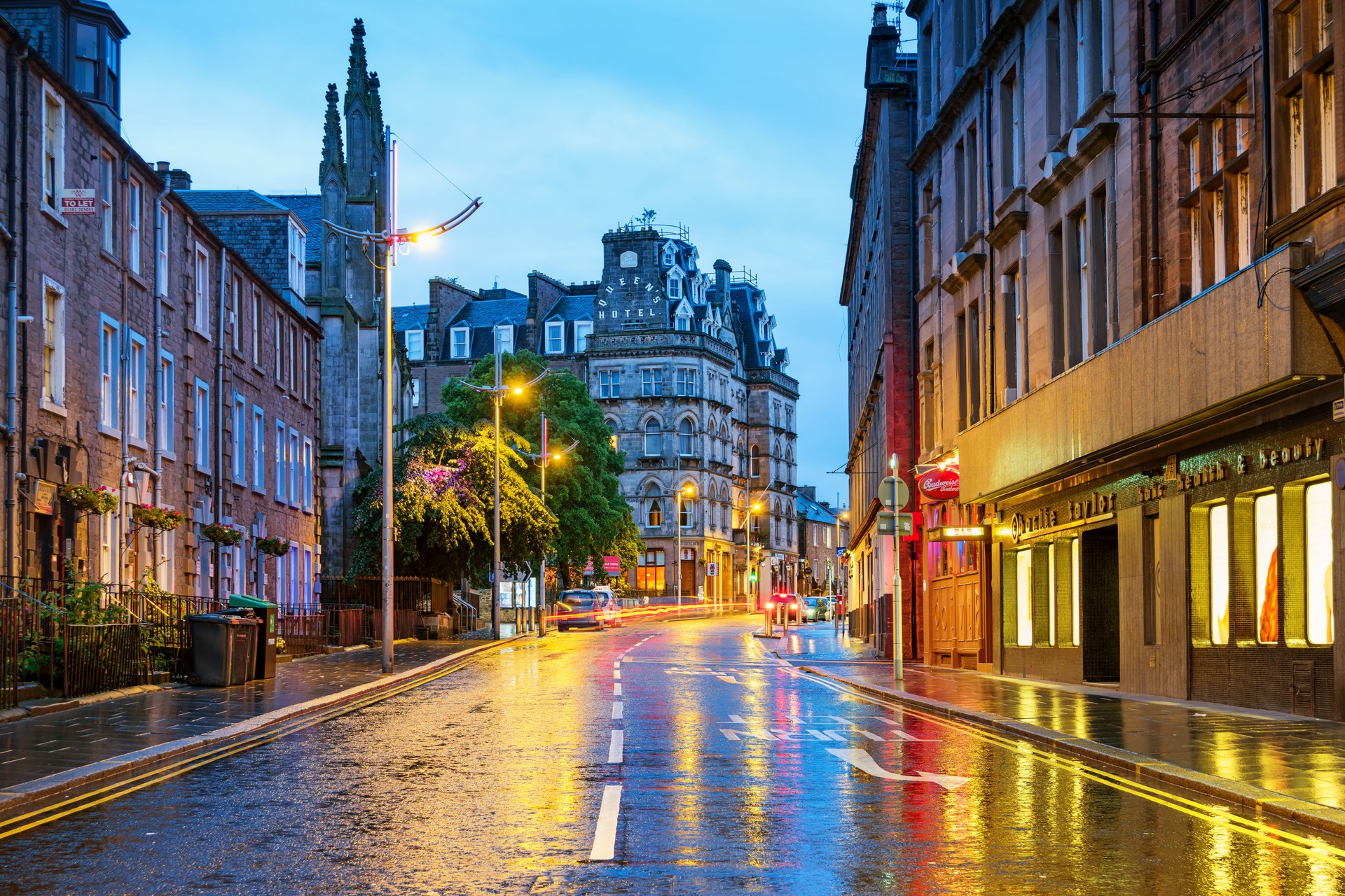 Colorful street in downtown Dundee Scotland UK